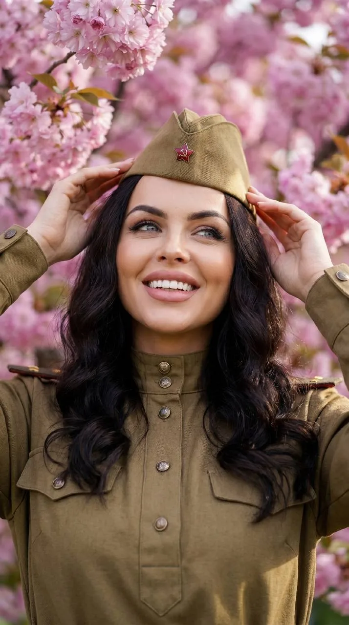 Девушка в военной пилотке у цветущих деревьев