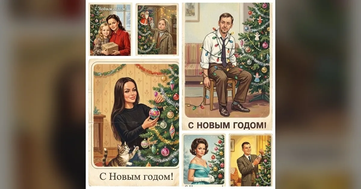 Новогодняя открытка в стиле СССР, сделанная из фотографии