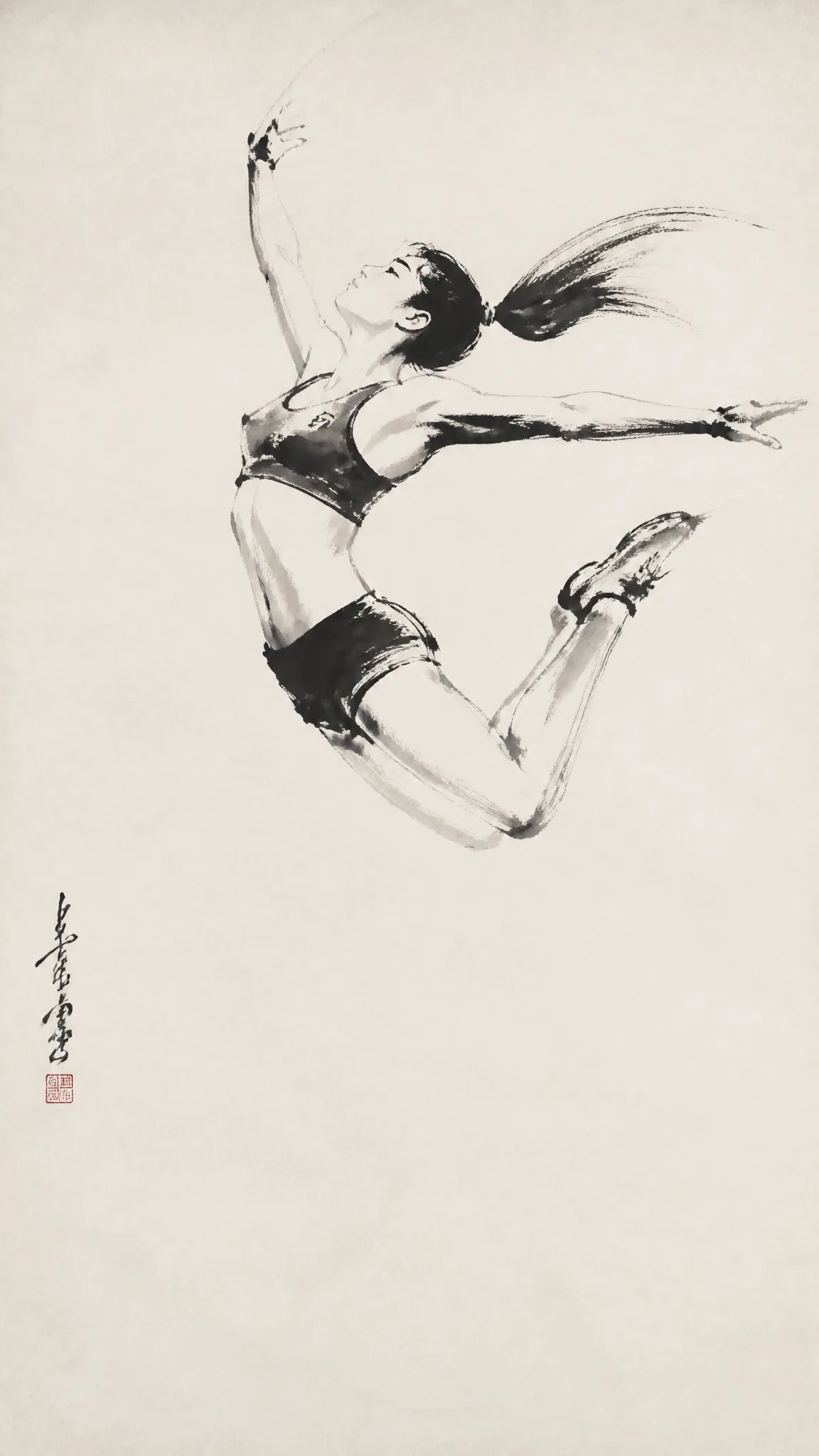 Traditional Chinese ink painting, freehand style, a beautiful athlete…
