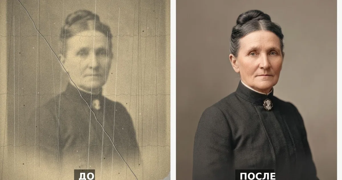 Реставрация и оживление старого фото нейросетью, до и после