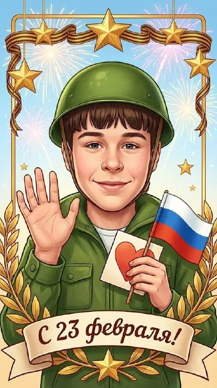 Шарж-открытка папе: ребёнок с флажком