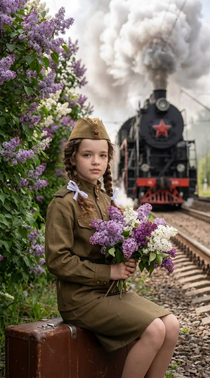 Девочка, советский поезд и сирень