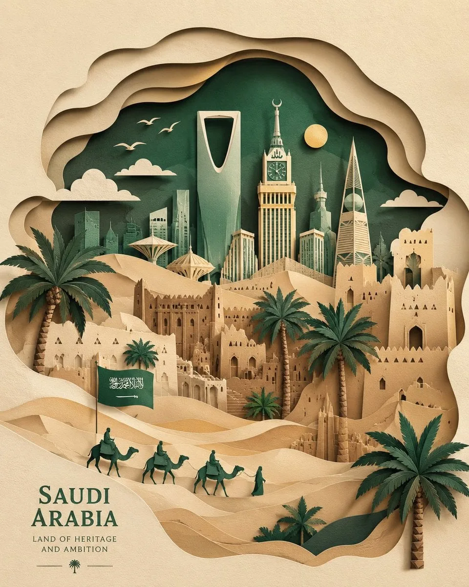 Saudi Arabia paper-cut illustration, layered paper