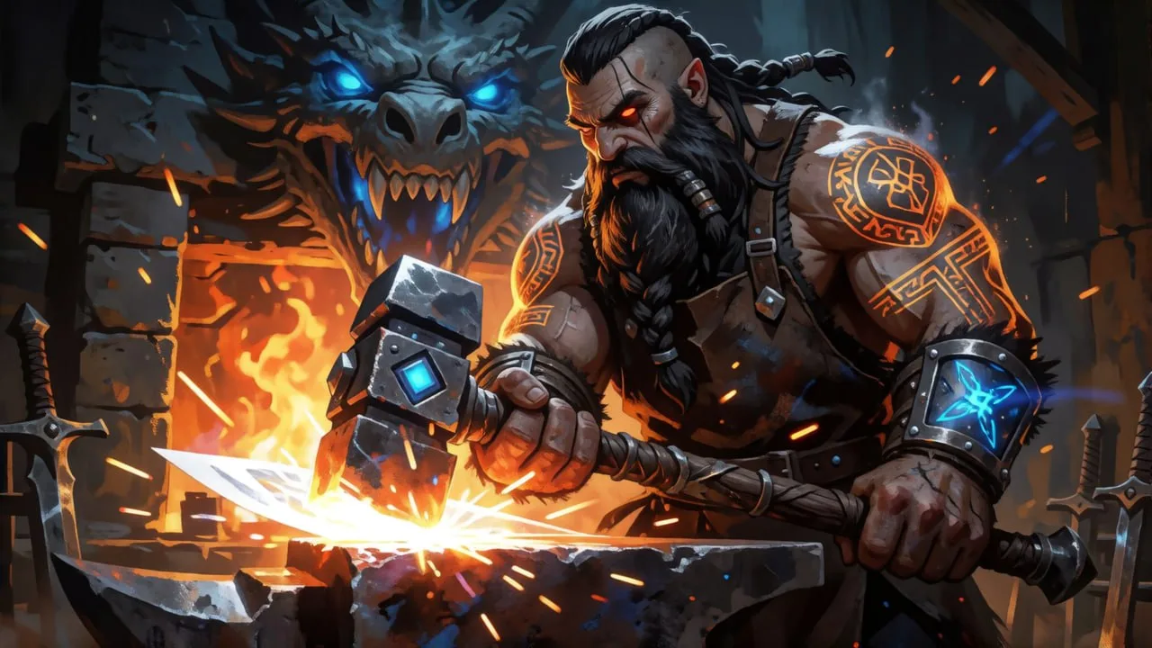 A powerful dwarven blacksmith with glowing