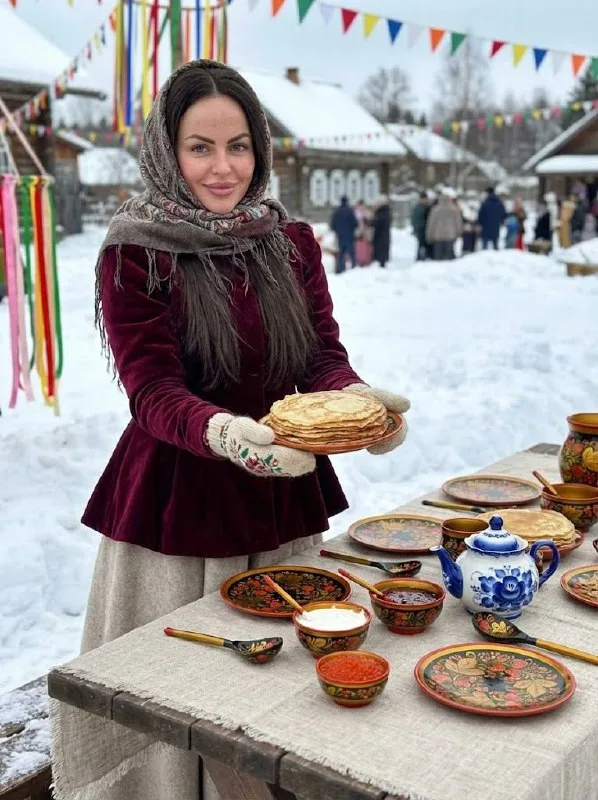 Масленица: стол с блинами на снегу
