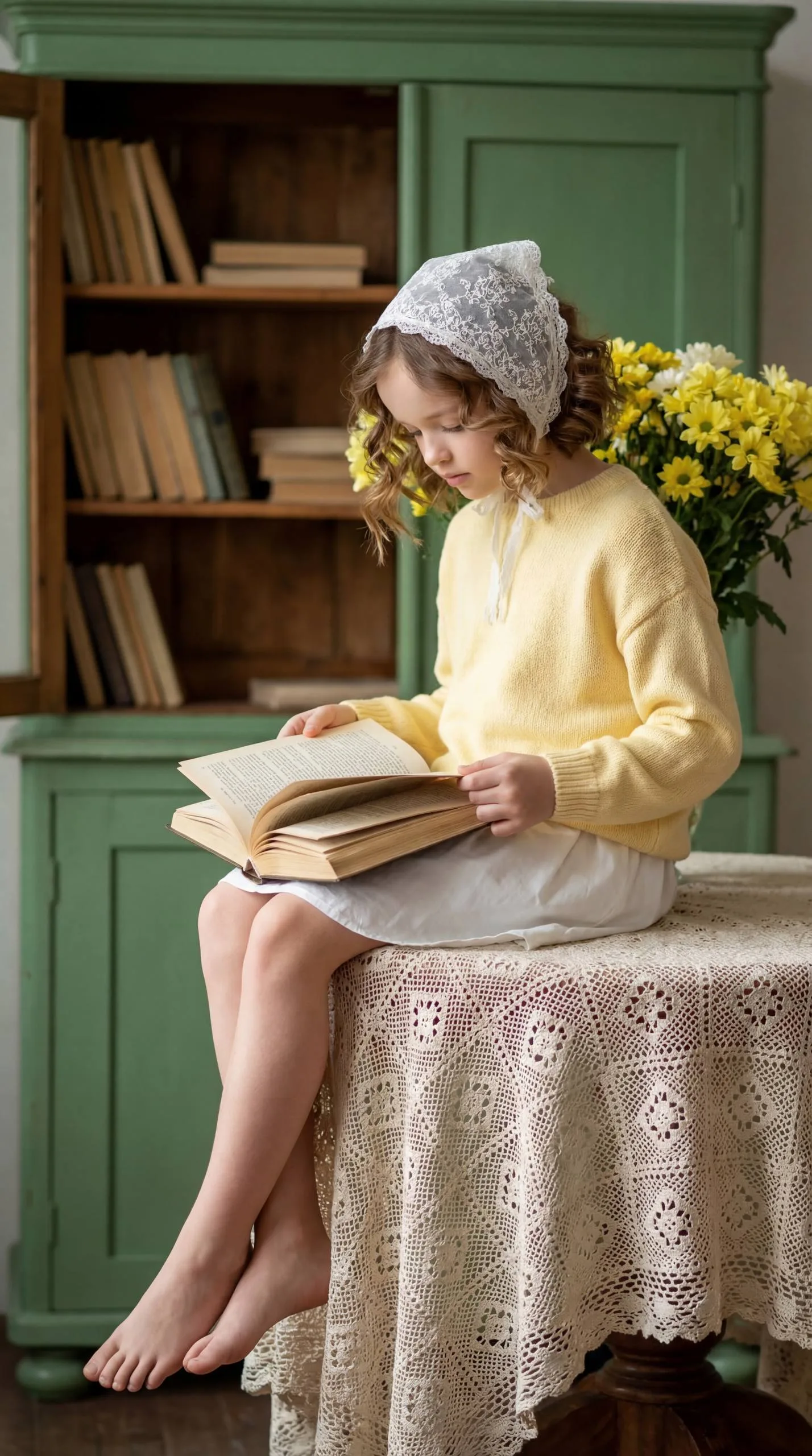 Девочка с книгой у зелёного шкафа и жёлтых цветов