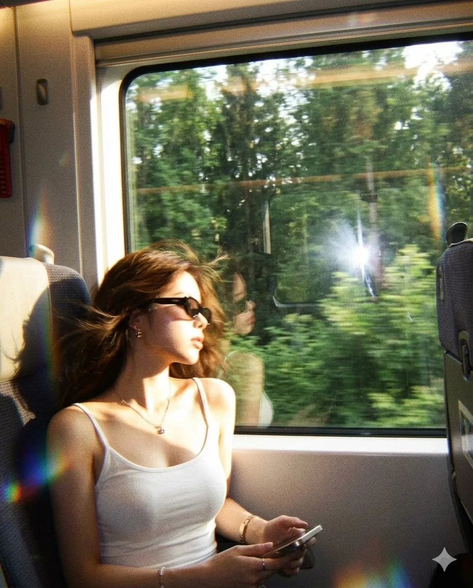 A candid quiet train-window moment during