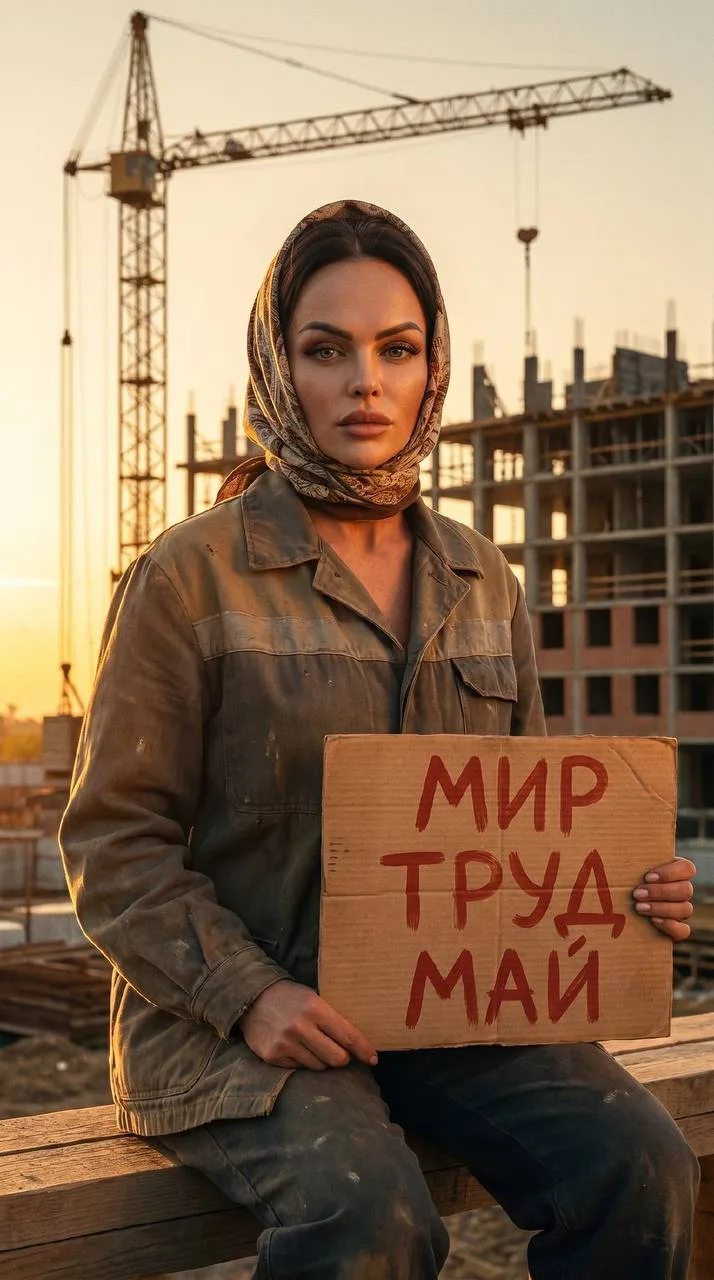 Девушка на стройке: Мир! Труд! Май!