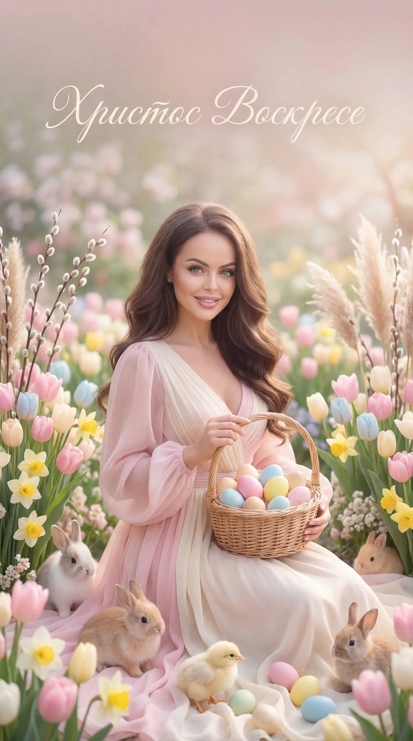 Девушка среди весенних цветов, Pinterest-стиль