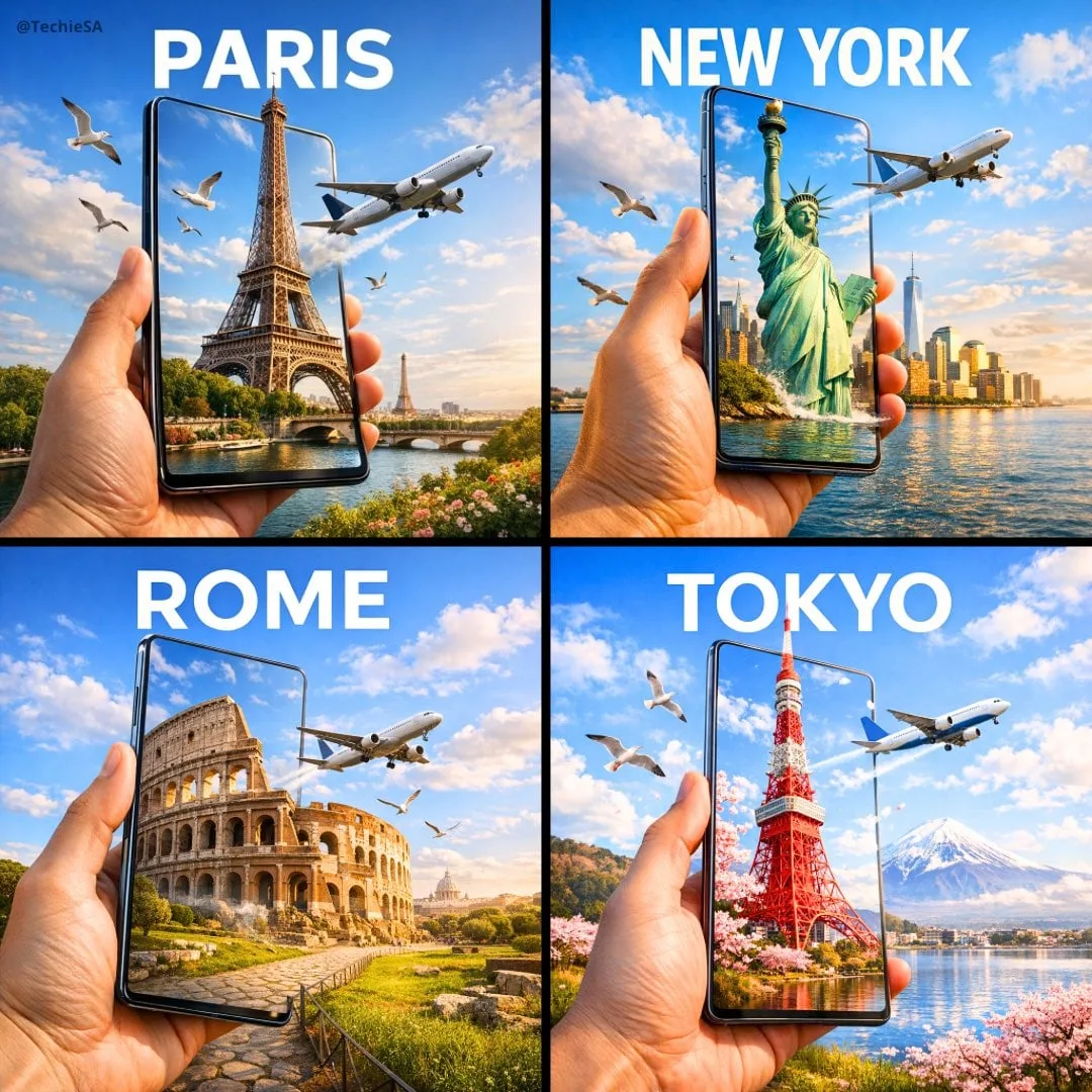 A hyper-realistic travel advertisement in square format (...