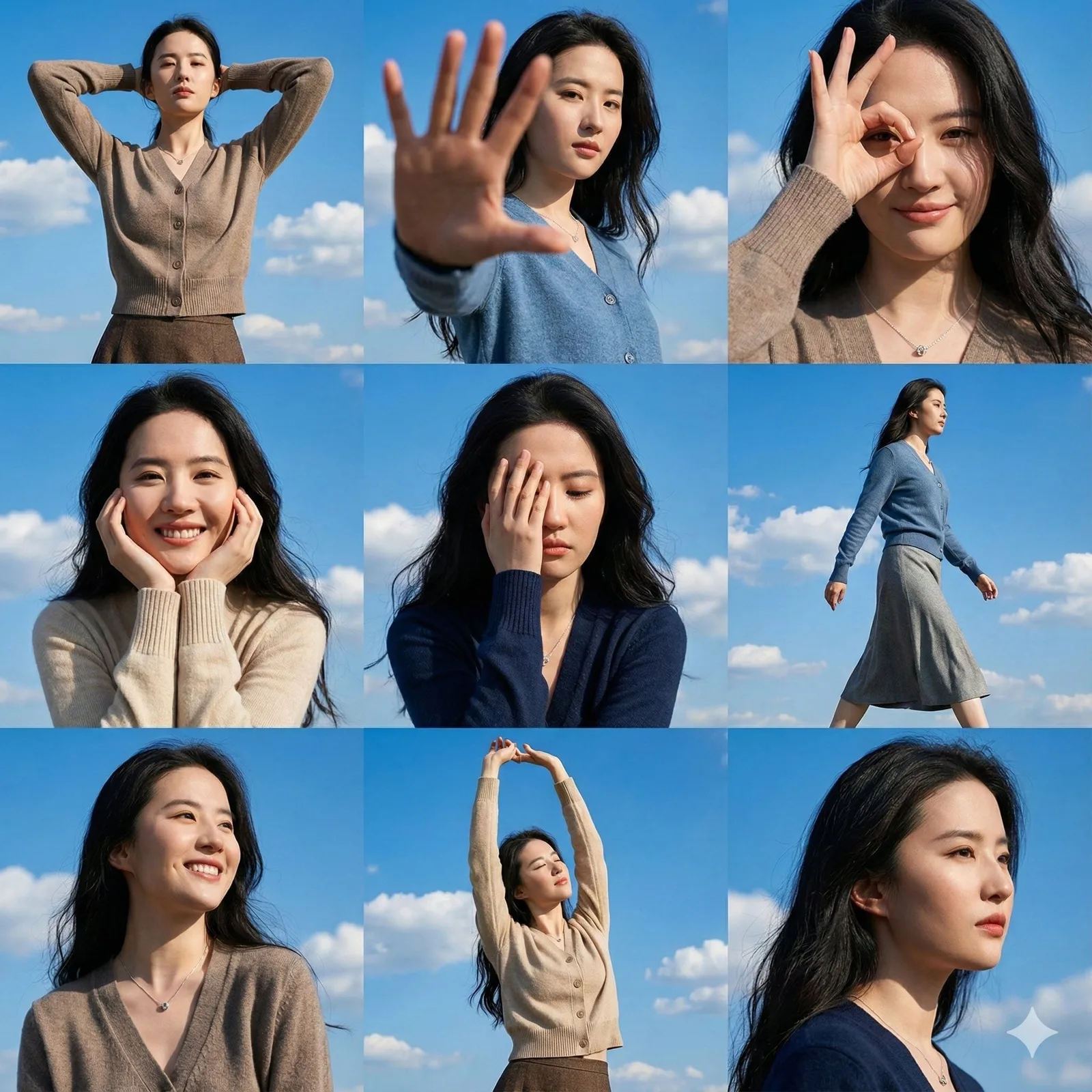 A high-resolution 3x3 grid photo collage of nine different dynamic po…