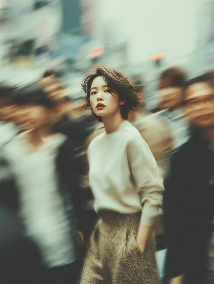 A cinematic street portrait of a young woman standing sti...