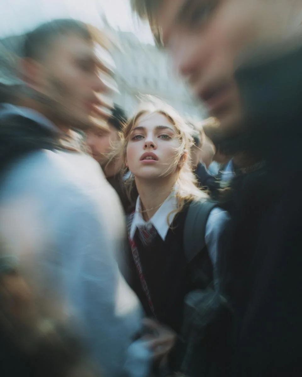 Paparazzi-style extreme close-up photo of a woman with st...