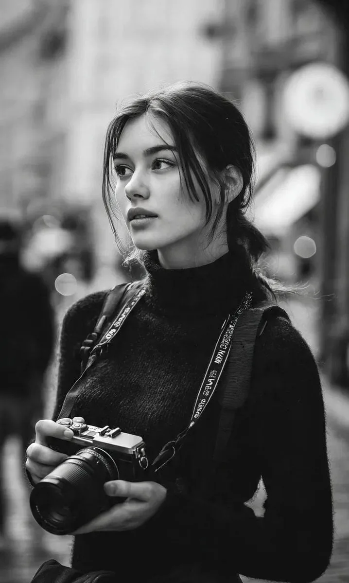A cinematic black-and-white street portrait of a young wo...
