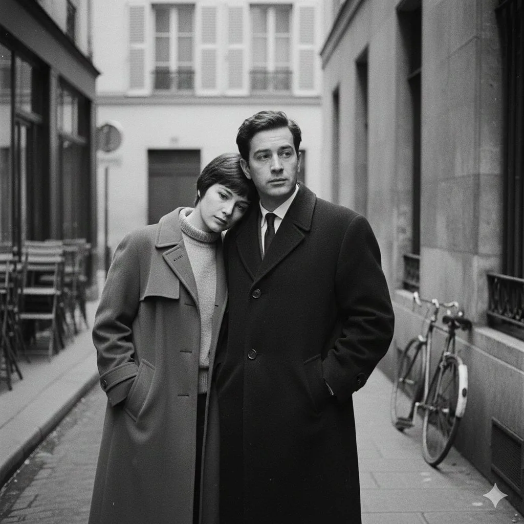 A French New Wave–style minimalist lovers scene, black an...
