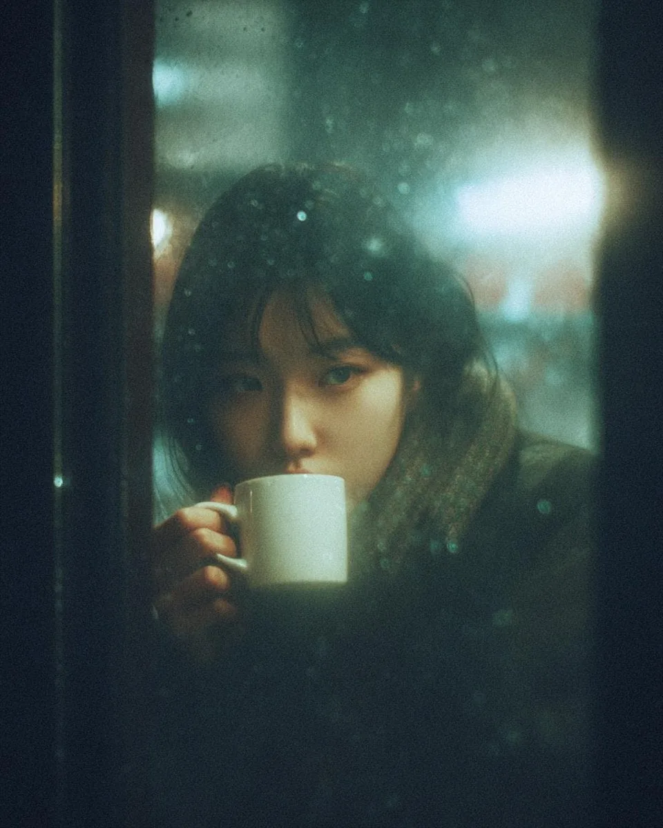 A cinematic, moody photograph of a young woman sitting in...