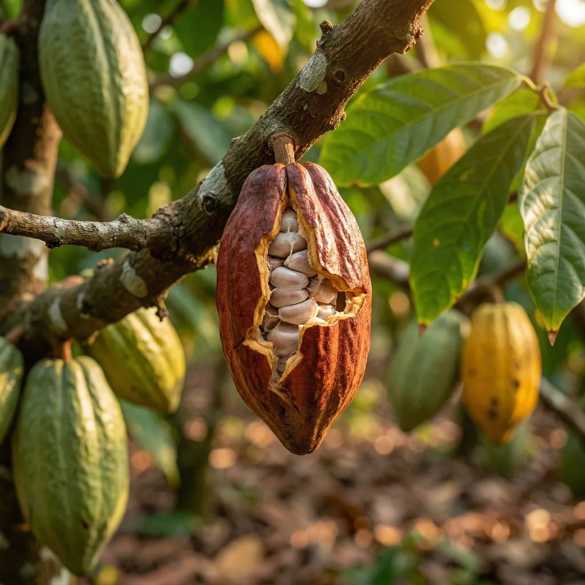 High-quality realistic commercial shot of a cocoa plantat...