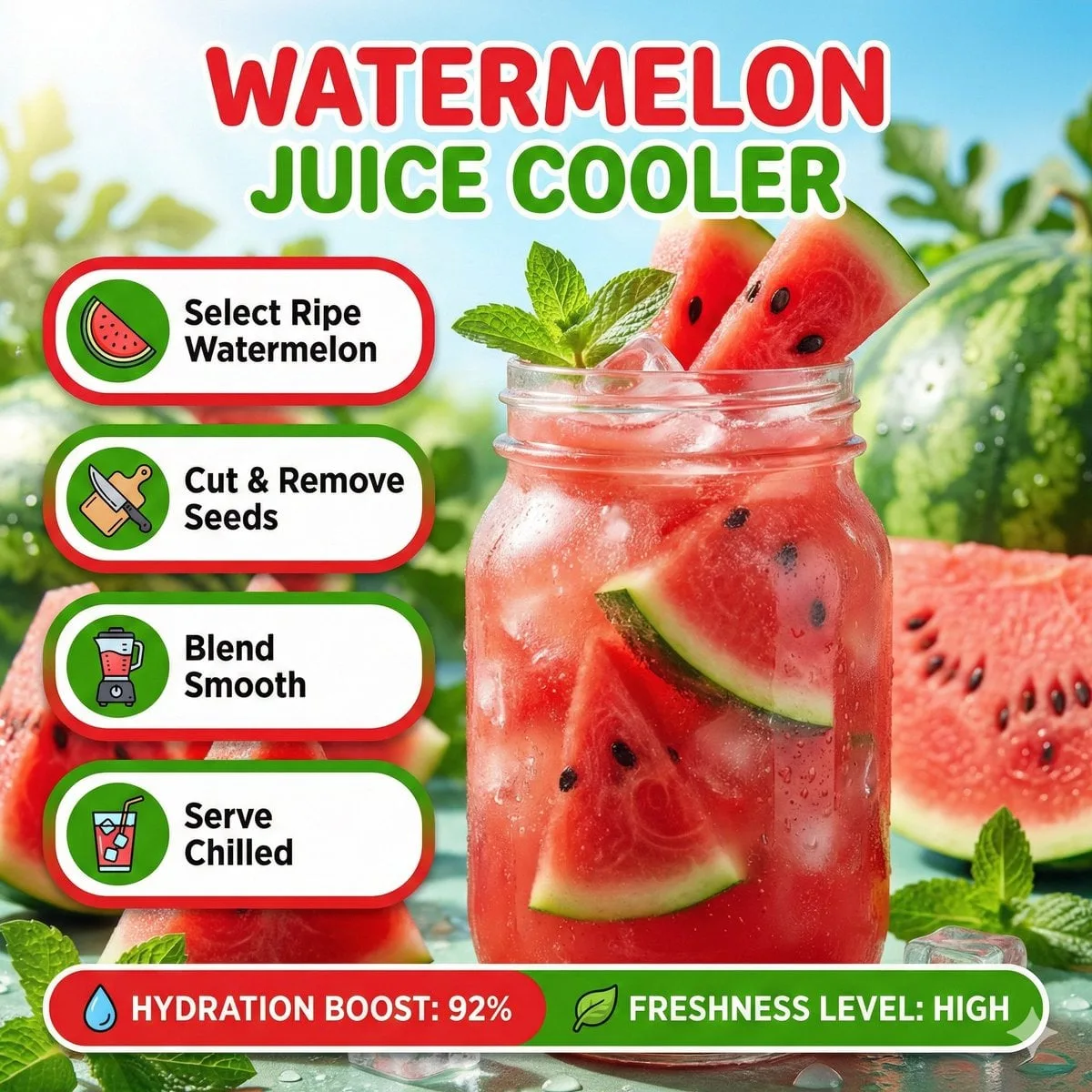 Bright summer infographic showcasing watermelon juice, ic...