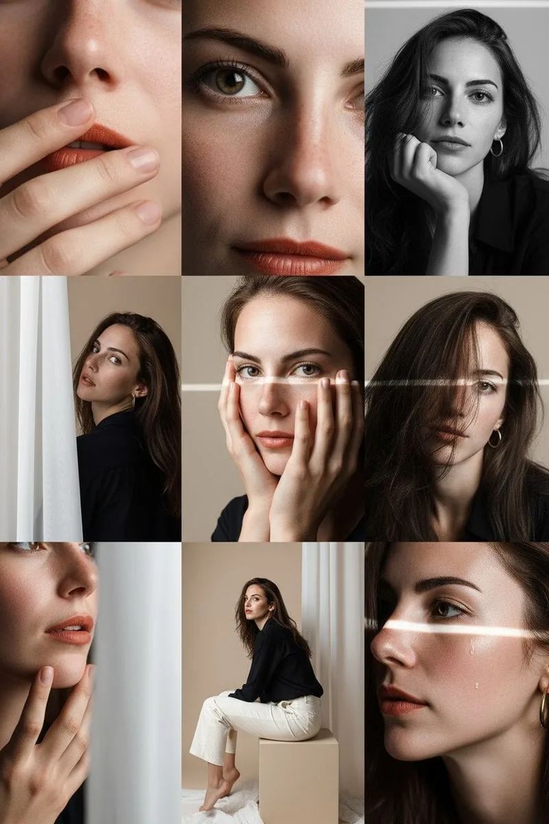 Building a 3x3 grid of finely edited photos in a soft beige studio in…