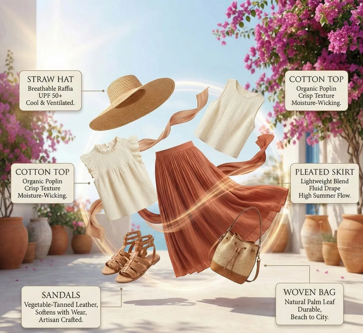 High-fashion summer outfit infographic with color-coordin...
