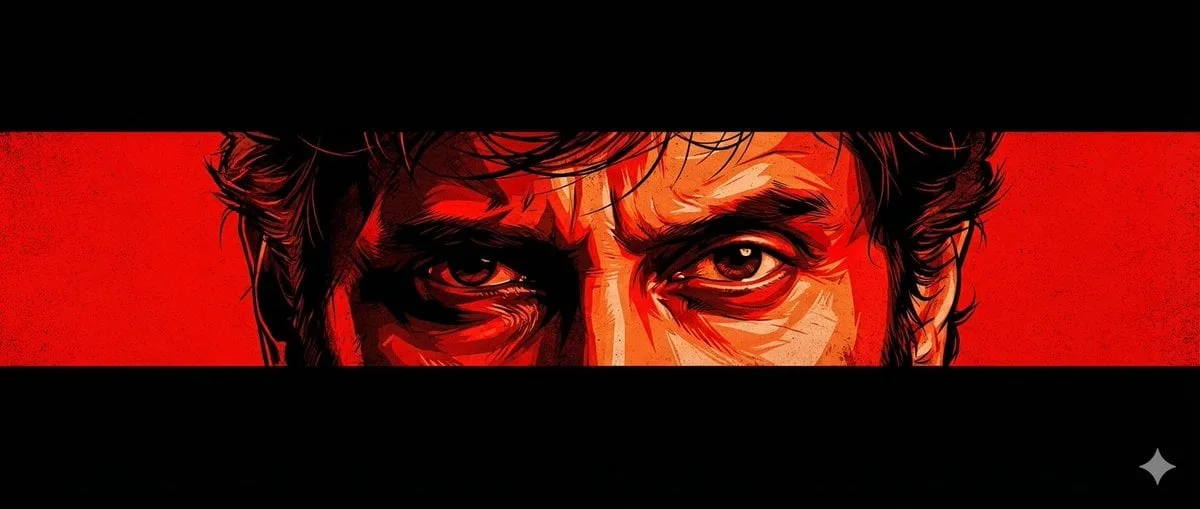 A cinematic poster-style artwork featuring an intense clo...