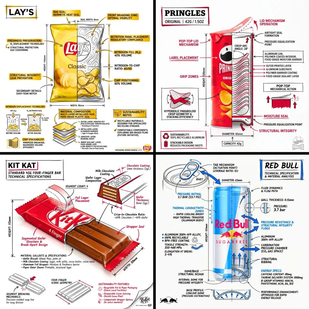 Create a branded technical infographic of a [SNACK], comb...
