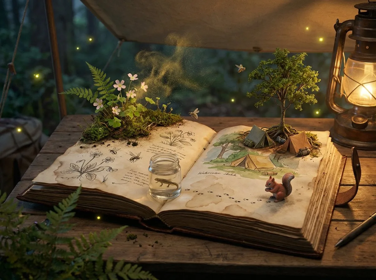 Epic 3D scene: a weathered field journal lies open on a n...