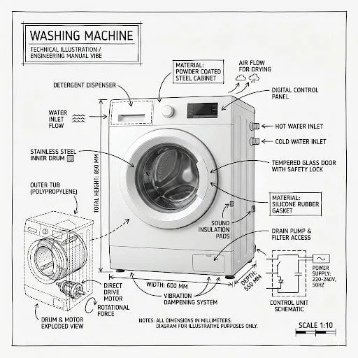 Create an infographic image of [washing machine], combini...