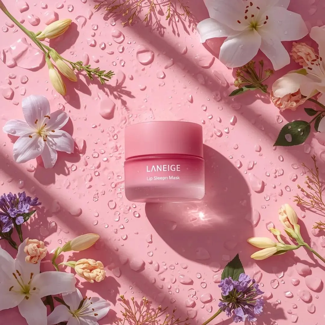 A hyper-realistic beauty product photograph of a pink [LA...