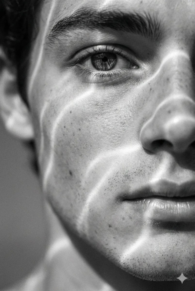 A hyperrealistic 8K black and white extreme close-up port...