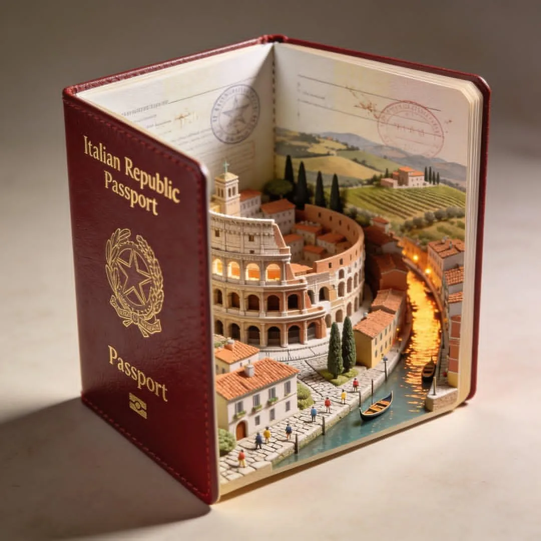 Hyper-realistic open [COUNTRY] passport on a studio surfa...