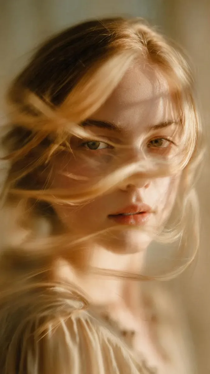 A soft-focus, cinematic portrait of a young woman with de...