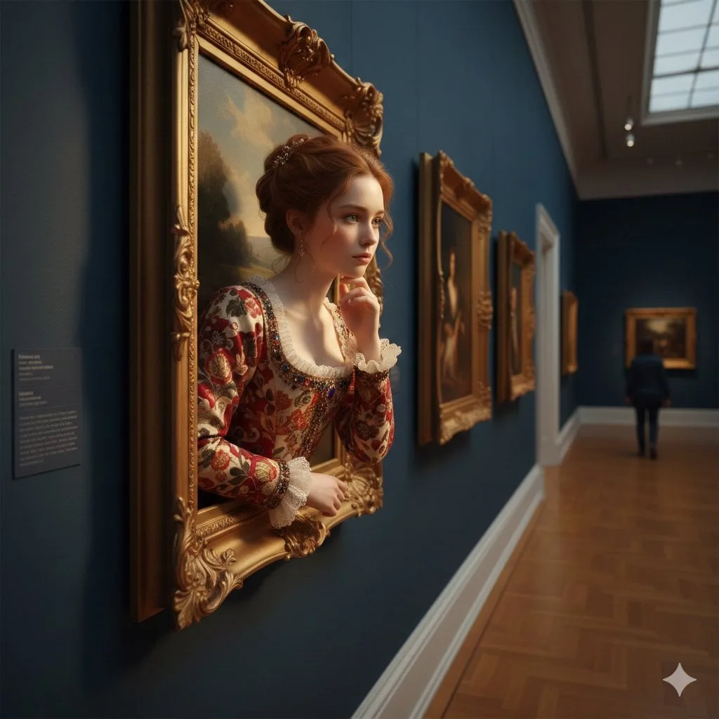 A surreal, ultra-realistic scene of a young woman emergin...