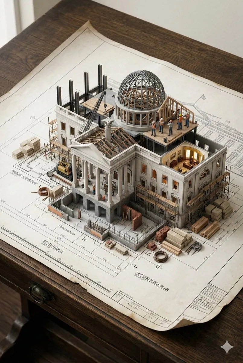 An architectural blueprint of [BUILDING_NAME] placed on a...