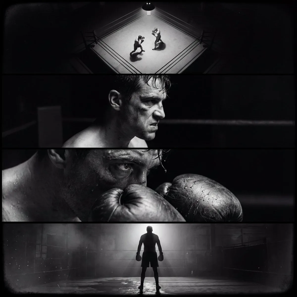 Create a single film noir–style cinematic image divided i...