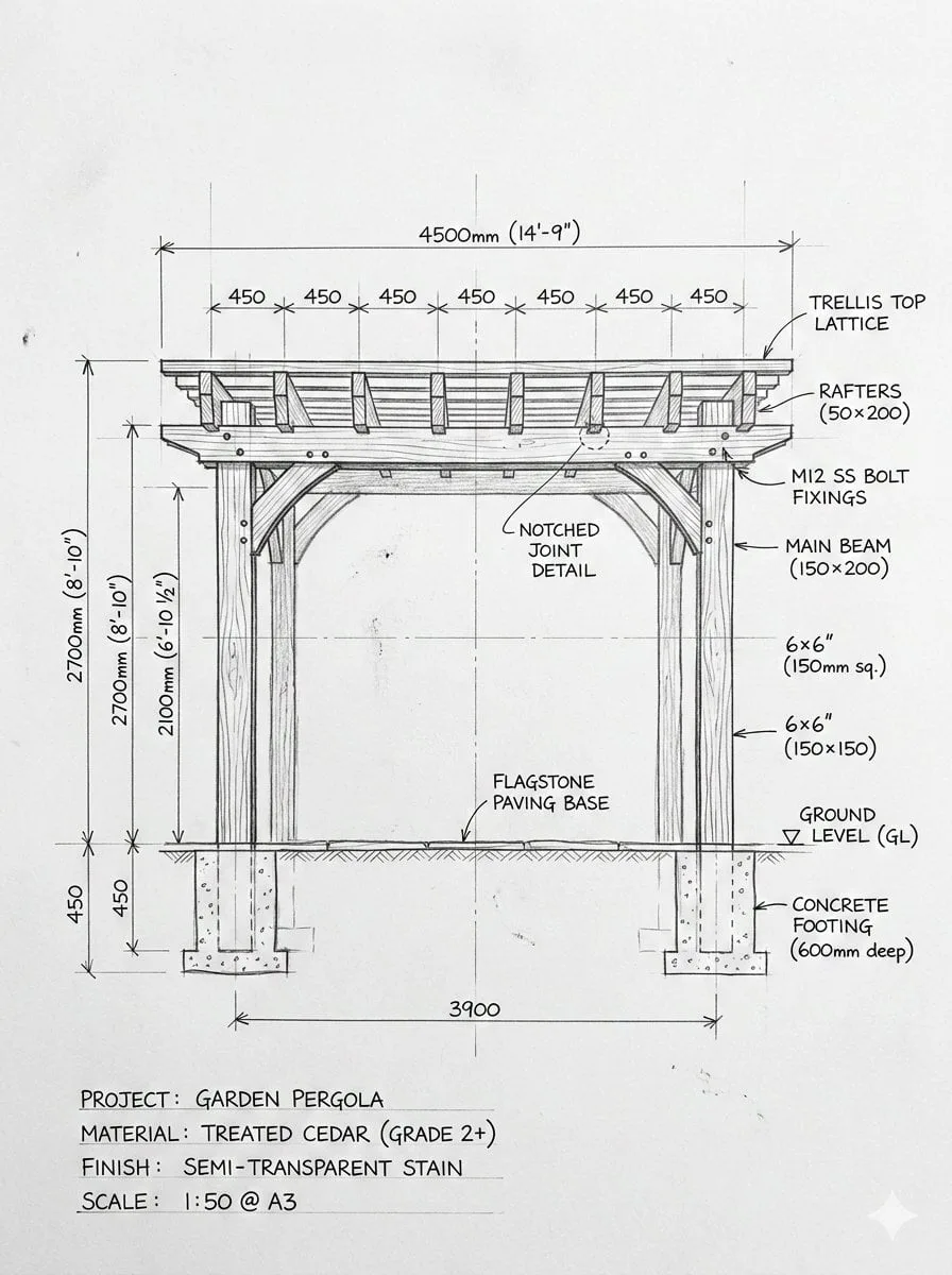 Pergola Blueprint Prompt: Hand-drawn architectural pencil...