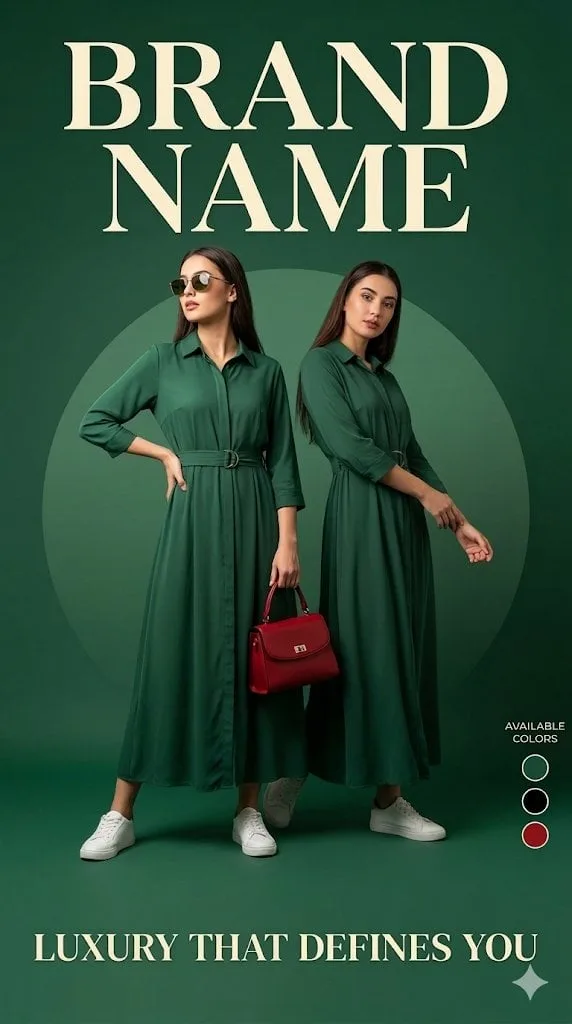 Luxury fashion advertisement poster, deep green backgroun...