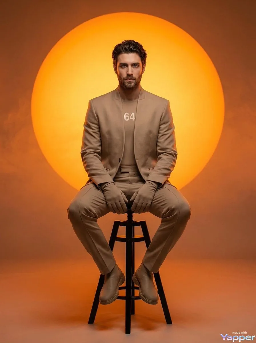 A man with short curly hair and light facial hair sitting...