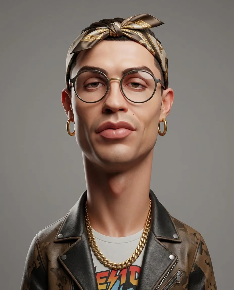 Create an exaggerated stylized 3D caricature character po...