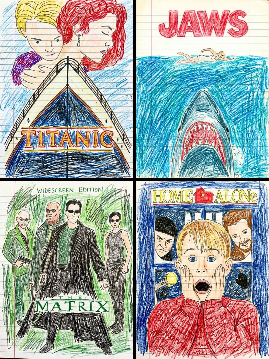 Transform this movie poster into a child’s crayon drawing...