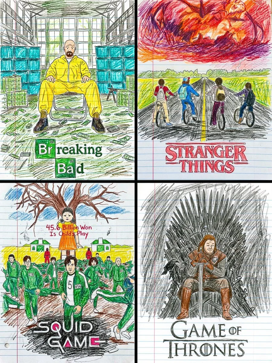 Transform this movie poster into a child’s crayon drawing...