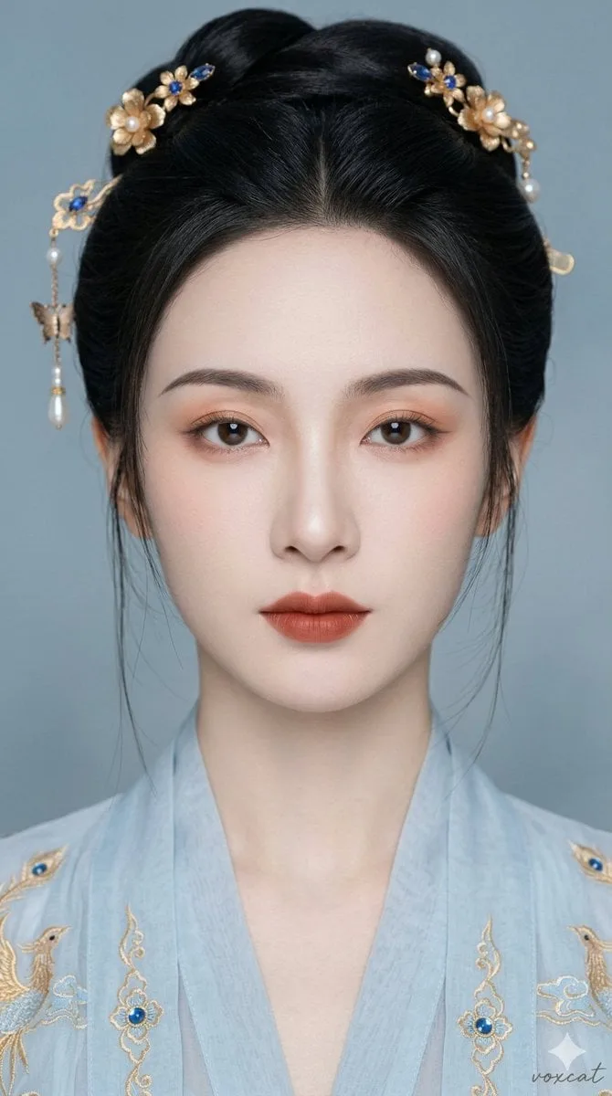 A frontal portrait of an elegant and elegant female in an oriental st…