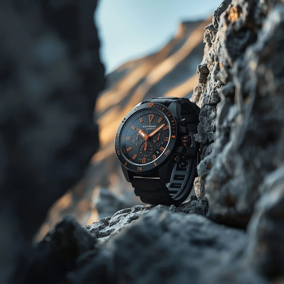 A rugged, matte-black chronograph watch with bold orange ...