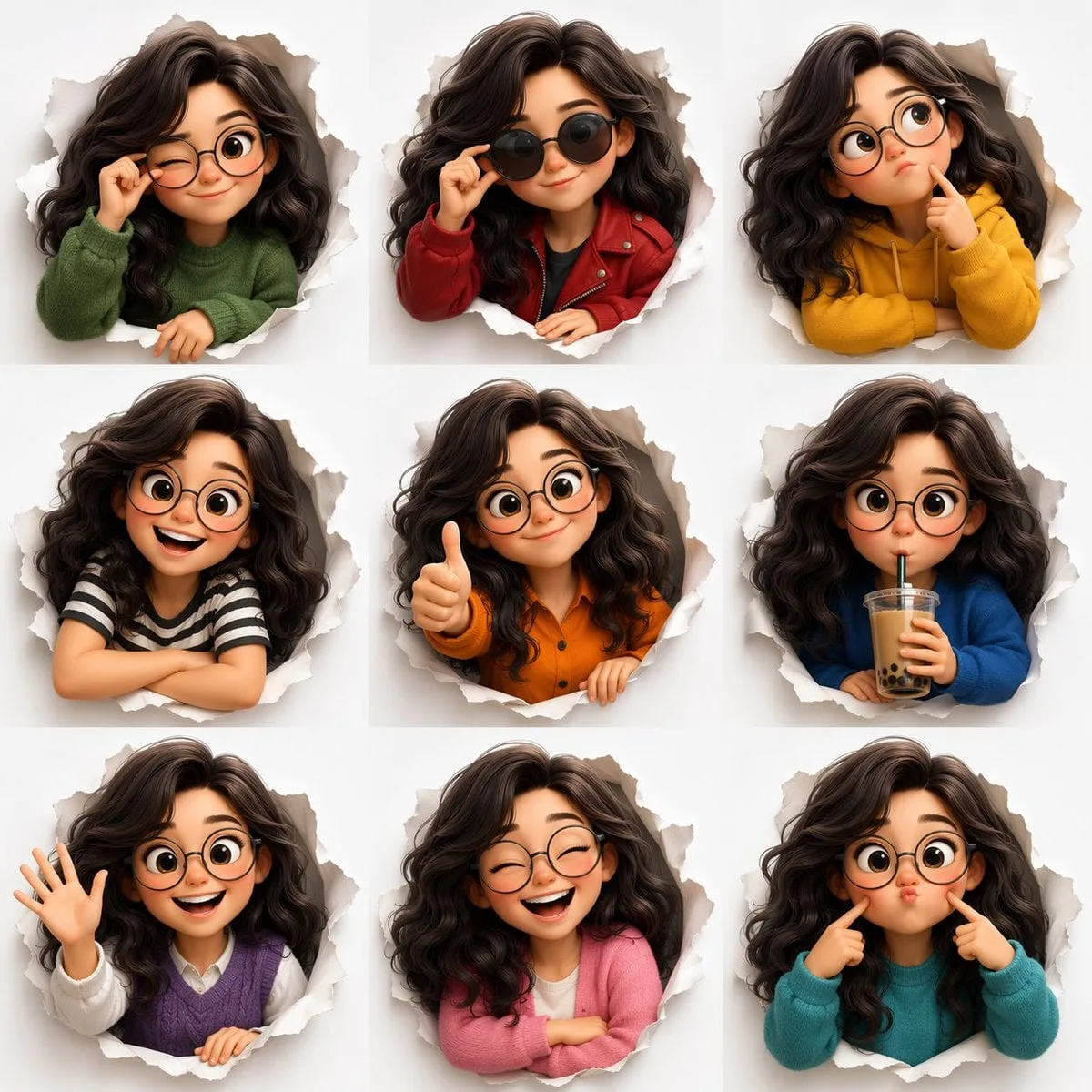 3D Pixar-style expression sheet, cute stylized avatar wit...