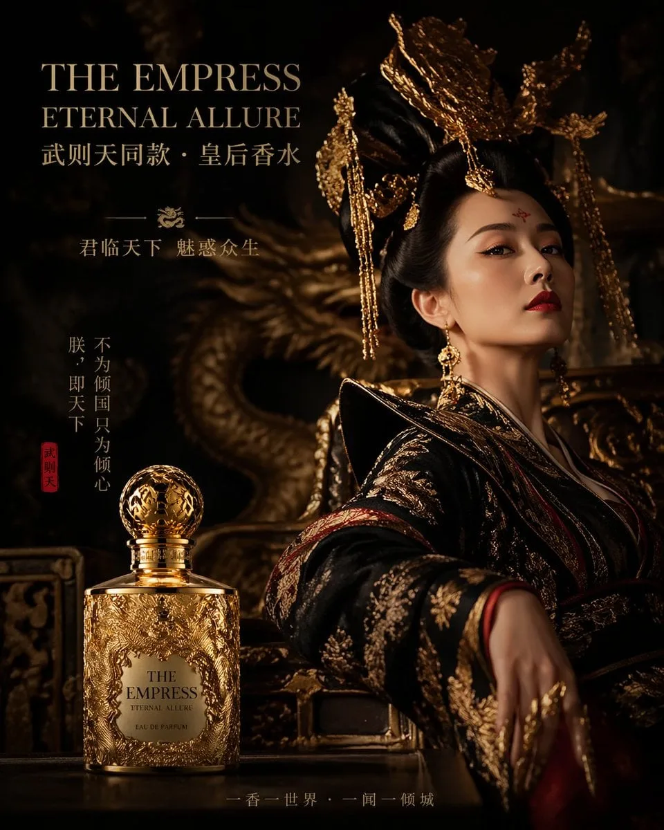 Empress Wu Zetian's same perfume advertisement, gold bottle with drag…