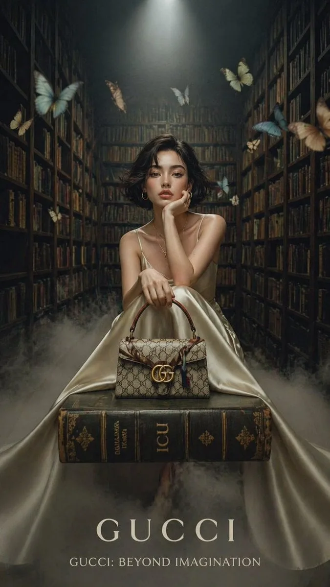 A cinematic luxury fashion editorial set inside a grand v...