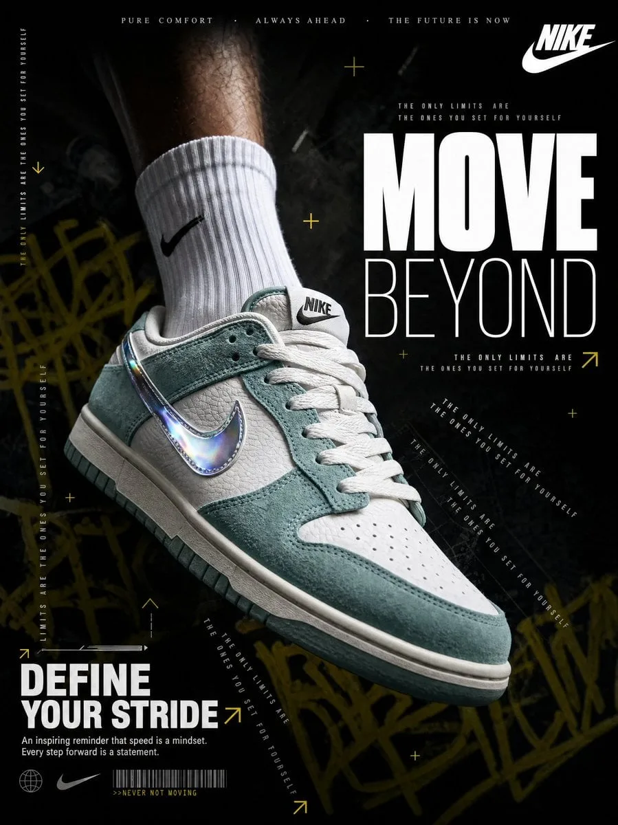 A hyperrealistic Nike sneaker advertisement shot in a dar...