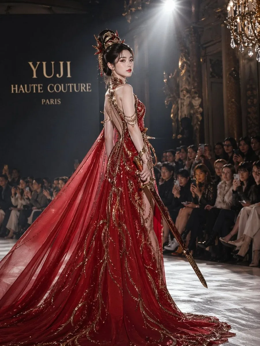 Yu Ji tried on a haute couture dress, with a long red skirt and a swo…