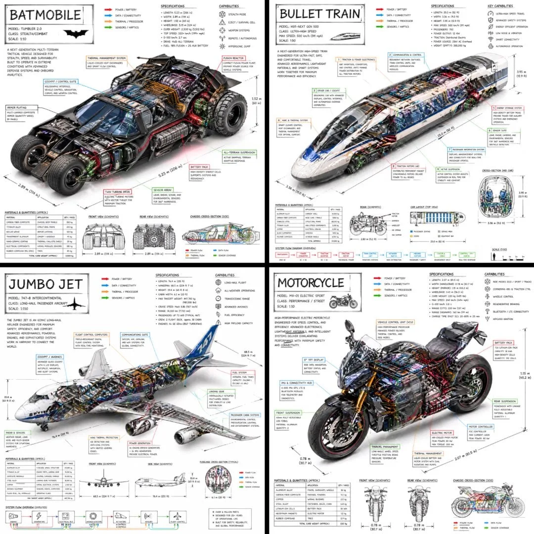 Create a technical infographic of [VEHICLE] with a 45-deg...