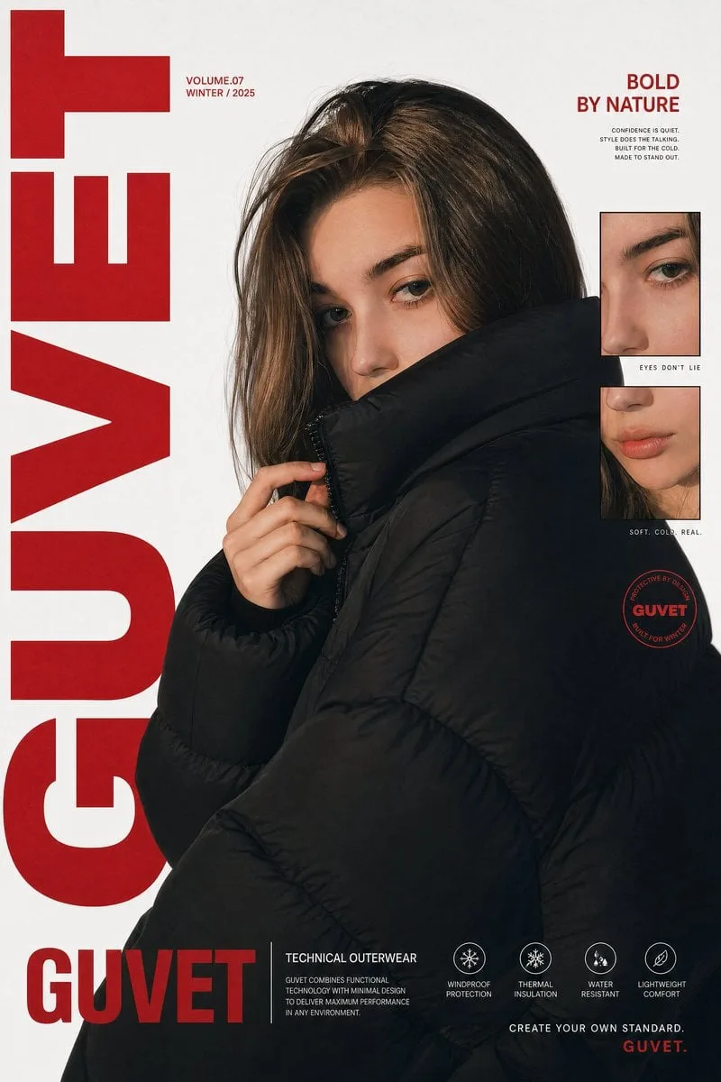 A bold fashion editorial poster featuring a young woman m...